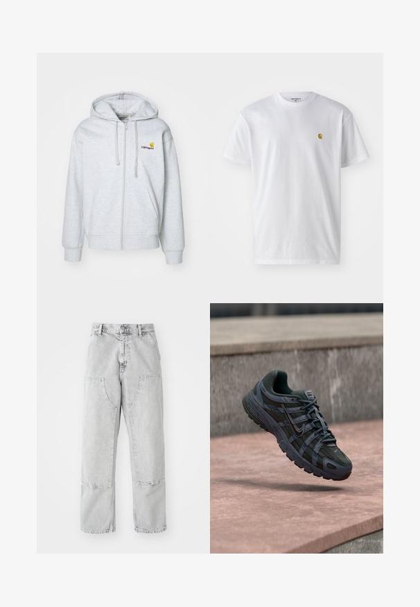 Hellgraue Kapuzenjacke mit Reißverschluss, Kordelzug, gerippten Bündchen und Taschen. Merkmale ein kleines gesticktes Logo auf der Brust. Weicher Stoff.; Weißes Baumwoll-T-Shirt mit kurzen Ärmeln, Rundhalsausschnitt, mit einem kleinen goldenen Logo im linken Brustbereich. Weicher Stoff und normale Passform.; Hellgraue Jeanshose mit weitem Schnitt, großen Seitentaschen, sichtbaren Nähten und geradem Bein. Gürtelschlaufen an der Taille.; Dunkelgrauer Nike Laufschuh mit Mesh- und Synthetikdesign, schwebt über einer rosa Betonfläche vor grauem Stein-Hintergrund.