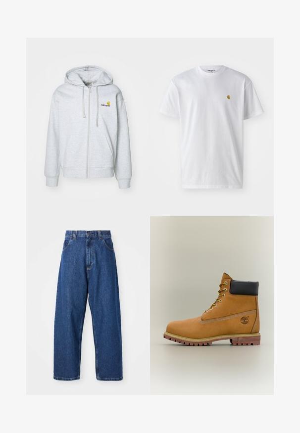 Lichtgrijze zip-up hoodie met een capuchon met trekkoord, ribgebreide manchetten en zakken. Bevat een klein geborduurd logo op de borst. Zachte stof.; Witte katoenen t-shirt met korte mouwen en ronde hals, voorzien van een klein gouden logo op de linkerkant van de borst. Zachte textuur en een normale pasvorm.; Denim wijde broek in donkerblauw. Kenmerken zijn een hoge taille, riemlussen en een klassiek vijf-pocket ontwerp. Gestikte zoom met een schone afwerking.; Bruine leren enkellaars met zwarte kraag, gele veters en een zandkleurige zool. Voorzien van een logo en witte stikseldetails. Robuuste loopzool met grip.