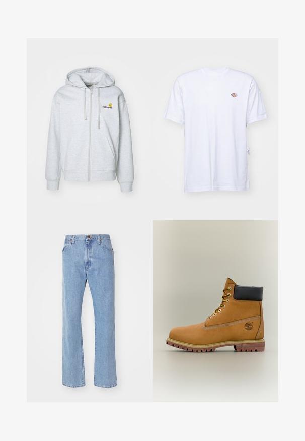 Hellgraue Kapuzenjacke mit Reißverschluss, Kordelzug, gerippten Bündchen und Taschen. Merkmale ein kleines gesticktes Logo auf der Brust. Weicher Stoff.; Weißes Baumwoll-T-Shirt mit V-Ausschnitt und kurzen Ärmeln. Besitzt ein kleines, buntes, gesticktes Logo auf der linken Brustseite. Weiches Material.; Hellblaue Jeans mit geradem Bein, Frontknopf- und Reißverschluss, Gürtelschlaufen und normalen Vordertaschen.; Brauner Leder-Stiefelette mit schwarzem Kragen, gelben Schnürsenkeln und hellbrauner Sohle. Verfügt über ein Logo und weiße Ziernähe. Robuste Profilsohle.