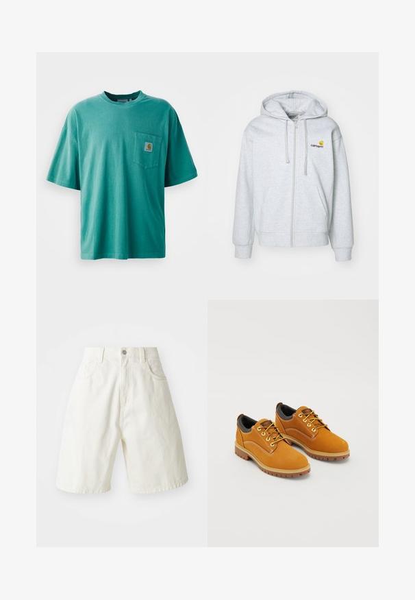 Hellgraue Kapuzenjacke mit Reißverschluss, Kordelzug, gerippten Bündchen und Taschen. Merkmale ein kleines gesticktes Logo auf der Brust. Weicher Stoff.; Grünes Baumwoll-T-Shirt mit Rundhalsausschnitt, kurzen Ärmeln und einer vorderen Tasche mit Logopatch. Weicher Stoff und lockere Passform.; Weiße Denim-Shorts mit einer lässigen Passform, die einen Bund, fünf Taschen und gerade Beine aufweisen. Der Stoff hat eine feine Textur.; Braune Wildlederschuhe mit einer runden Zehenpartie, gelben Schnürsenkeln, einem gepolsterten schwarzen Kragen und Gummisohlen mit Rillen für besseren Halt.