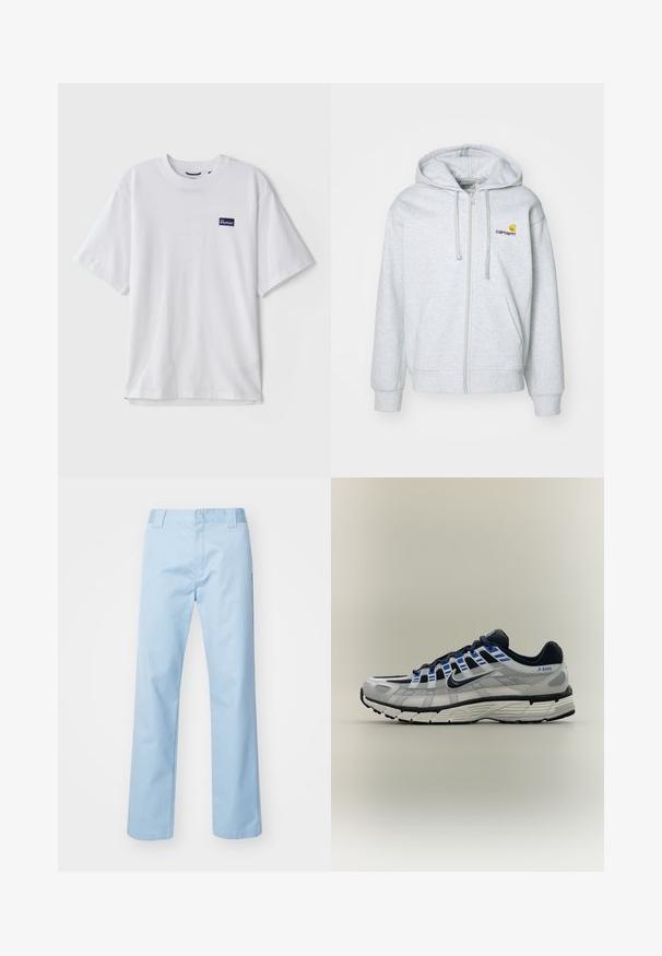 Hellgraue Kapuzenjacke mit Reißverschluss, Kordelzug, gerippten Bündchen und Taschen. Merkmale ein kleines gesticktes Logo auf der Brust. Weicher Stoff.; Weißes T-Shirt aus Baumwolle mit Rundhalsausschnitt, kurzen Ärmeln und einem navyblauen rechteckigen Logo-Patch auf der linken Brustseite.; Helleblau geradlinige Hose aus Baumwollmischgewebe. Verfügt über einen flachen Bund, Seitentaschen und keine sichtbaren Muster oder Verzierungen.; Hellgrauer und schwarzer Nike-Laufschuh mit blauen Akzenten, weißer Sohle und "P-6000" Text an der Fersenseite.