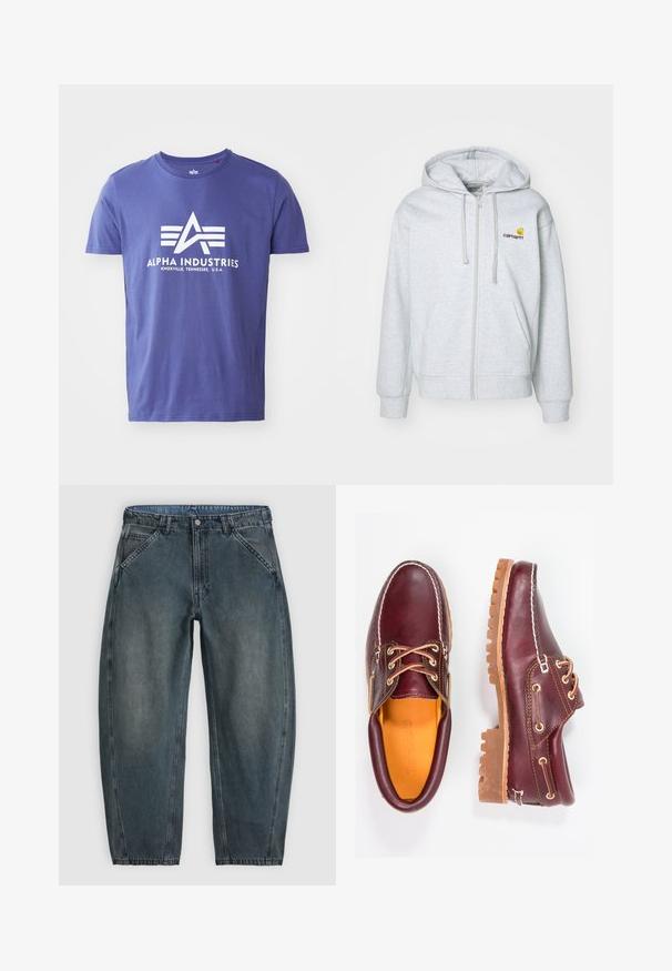 Hellgraue Kapuzenjacke mit Reißverschluss, Kordelzug, gerippten Bündchen und Taschen. Merkmale ein kleines gesticktes Logo auf der Brust. Weicher Stoff.; Lila Baumwoll-T-Shirt mit kurzen Ärmeln, das ein weißes Logo mit "ALPHA INDUSTRIES" und einem geometrischen Design zeigt.; Highwaist dunkelgraue Jeans aus Denim mit schrägen Vordertaschen, Knopfverschluss, Gürtelschlaufen und leicht zulaufenden Beinen.; Bordeauxfarbene Lederschuhe mit braunen Gummisohlen, runder Zehenform, weißen Nähten und goldenen Ösen. Das Innenfutter weist eine gelbe Beschichtung auf.
