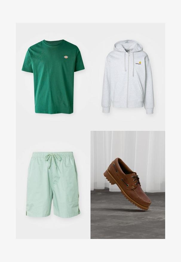 Lichtgrijze zip-up hoodie met een capuchon met trekkoord, ribgebreide manchetten en zakken. Bevat een klein geborduurd logo op de borst. Zachte stof.; Groene katoenen t-shirt met een ronde hals, korte mouwen en een klein meerkleurig logo op de linkerkant van de borst. Zachte textuur, casual ontwerp.; Lichtgroene zwemshorts van gladde stof, met een elastische tailleband met trekkoord, zijzakken en een korte lengte.; Bruine leren bootschoen met zwarte veters, beige stiksel en een robuuste zool, zwevend boven een grijze betonnen vloer.