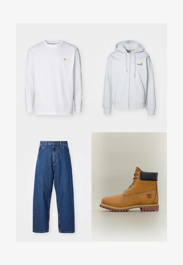 Sudadera con cremallera de color gris claro, con capucha ajustable, puños acanalados y bolsillos. Presenta un pequeño logotipo bordado en el pecho. Tejido suave.; Camiseta de manga larga blanca de algodón. Cuenta con un pequeño logo dorado en el pecho y un cuello redondo. Diseño simple y corte estándar.; Jeans de pierna ancha de denim en azul oscuro. Presentan una cintura alta, trabillas para cinturón y un diseño clásico de cinco bolsillos. Bajo cosido con un acabado limpio.; Bota de tobillo de cuero marrón con cuello negro, cordones amarillos y suela beige. Presenta un logotipo y detalles de costura blanca. Suela exterior con tracción robusta.