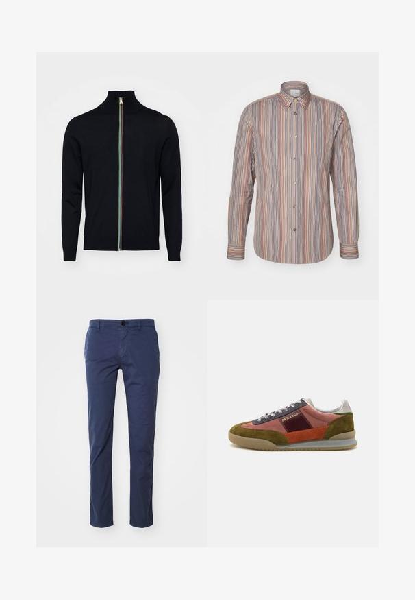 Paul Smith MEN CARDIGAN ZIP - Kardigan - black; Ribatud nööbitava särk, millel on vertikaalsed jooned erinevates värvustes. Pikad varrukad, klassikaline krae ja sile kangas.; Tumepruun puuvillastest chinosid sirge säärekujundusega, mis on varustatud ühe esise nupu sulgemisega ja küljetaskutega. Sile tekstuur, klassikaline sobivus.; PS Paul Smith DOVER - Tossud - pink