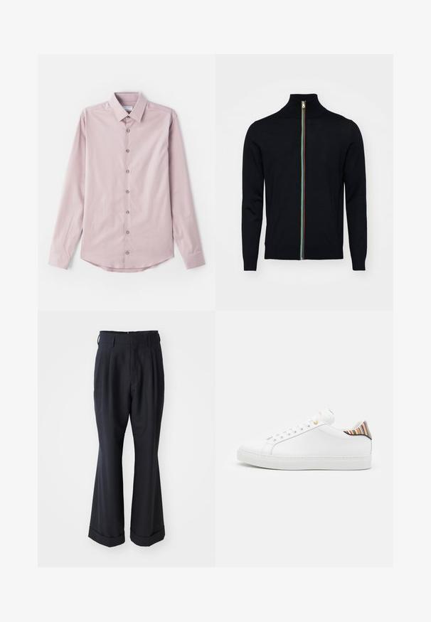 Paul Smith MEN CARDIGAN ZIP - Chaqueta de punto - black; Camisa de manga larga rosa claro hecha de tela suave. Presenta un cuello abotonado y siete botones frontales con acentos plateados. Dobladillo curvado.; Pantalones negros a medida con un ajuste relajado, parte delantera plisada y piernas anchas. Cuenta con un dobladillo con puños y una textura de tela suave.; Zapatilla de cuero blanca con un acabado suave, que presenta un acento de rayas coloridas en el talón, ojal dorado y suela plana blanca.