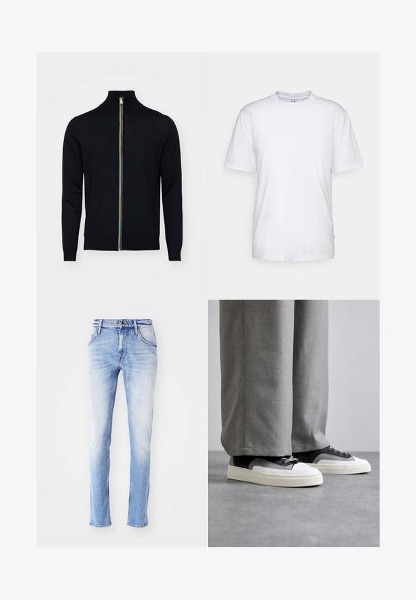 Paul Smith MEN CARDIGAN ZIP - Kardigán - black; Biela bavlnená tričko s okrúhlym výstrihom, krátkymi rukávmi a rovnými okrajmi. Obsahuje malú značku na bočnom šve na ľavej strane.; Svetlomodré denim nohavice s vyblednutým povrchom, rovný strih, päť vreciek, pútka na opasok a uzáver na jedno gombík na páse.; Filling Pieces RIVIERA - Tenisky - grey