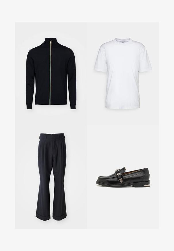 Paul Smith MEN CARDIGAN ZIP - Ζακέτα - black; Λευκό βαμβακερό μπλουζάκι με στρογγυλή λαιμόκοψη, κοντά μανίκια και ευθεία ραφή στο κάτω μέρος. Διαθέτει μια μικρή ετικέτα της μάρκας στη δεξιά πλευρική ραφή.; Μαύρο προσαρμοσμένο παντελόνι με χαλαρή εφαρμογή, πλισέ μπροστινή πλευρά και φαρδιές μύτες. Διαθέτει στριμμένη βάση και ομαλή υφή υφάσματος.; Μαύρο δερμάτινο λωτέρ με ασημί διακοσμητικά, μποτάκι σε στυλ μοκασίνι, λεπτομερή ραφή και ψηλή φτέρνα.
