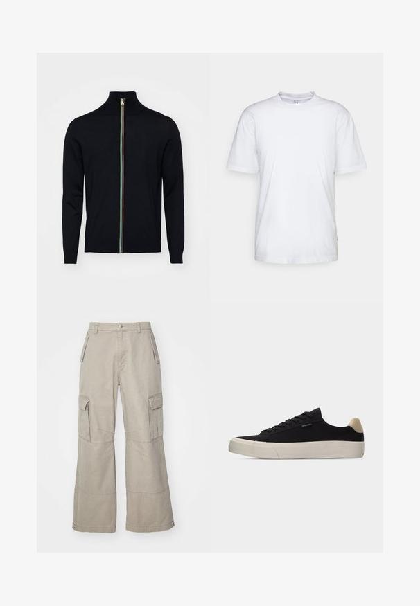 Paul Smith MEN CARDIGAN ZIP - Gilet - black; T-shirt en coton blanc avec un col rond, des manches courtes et un ourlet droit. Présente une petite étiquette de marque sur la couture latérale gauche.; Pantalons cargo kaki en coton mélangé, avec des jambes larges, plusieurs poches latérales et des détails de couture subtils.; Baskets basses noires avec languette beige au talon, semelle en caoutchouc blanche épaisse, lacets noirs et petite étiquette "PS Paul Smith" sur le côté.