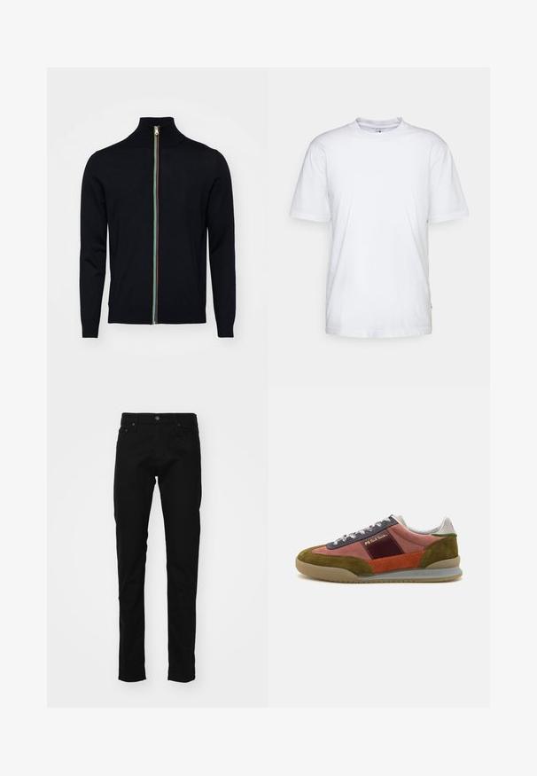 Paul Smith MEN CARDIGAN ZIP - Strickjacke - black; Weißes Baumwoll-T-Shirt mit Rundhalsausschnitt, kurzen Ärmeln und geradem Saum. Auf der linken Seitennaht befindet sich ein kleines Markenzeichen.; Schwarze Denim-Jeans im Slim-Fit mit einem klassischen Fünf-Taschen-Design, Metallknopf und genähten Details an den Taschen.; PS Paul Smith DOVER - Sneaker low - pink