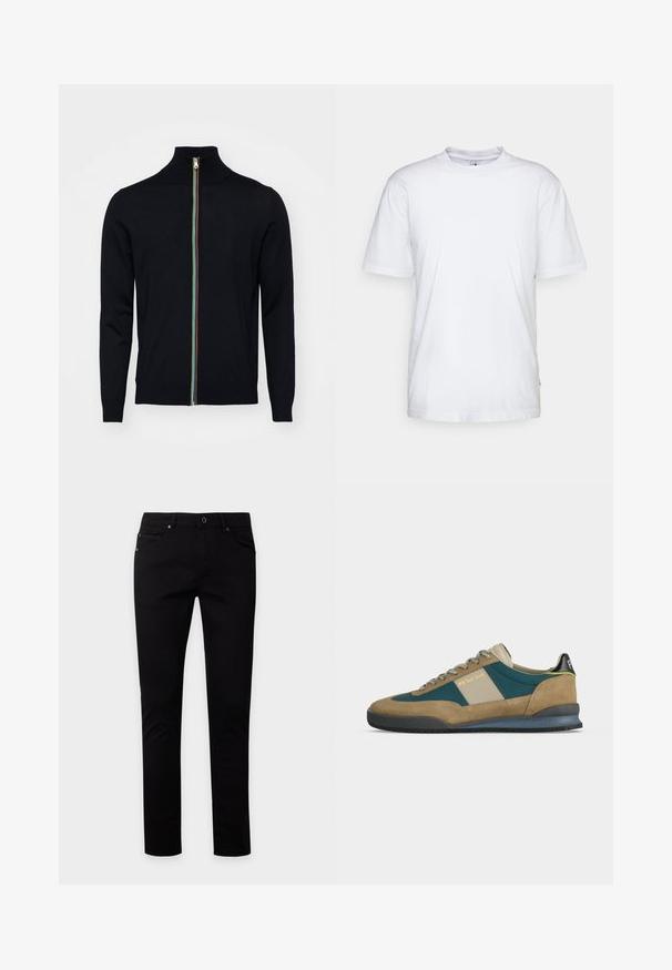 Paul Smith MEN CARDIGAN ZIP - Kardigán - black; Biela bavlnená tričko s okrúhlym výstrihom, krátkymi rukávmi a rovnými okrajmi. Obsahuje malú značku na bočnom šve na ľavej strane.; Čierne slim-fit džínsy s zapínaním na gombíky a zips, predné a zadné vrecká, zobrazené na jednoduchom svetlom pozadí.; Hnedo-modrozelený semišový teniska s béžovými a čiernymi akcentmi, vzorovanými šnúrkami a označením „PS Paul Smith“ na boku a podrážke.