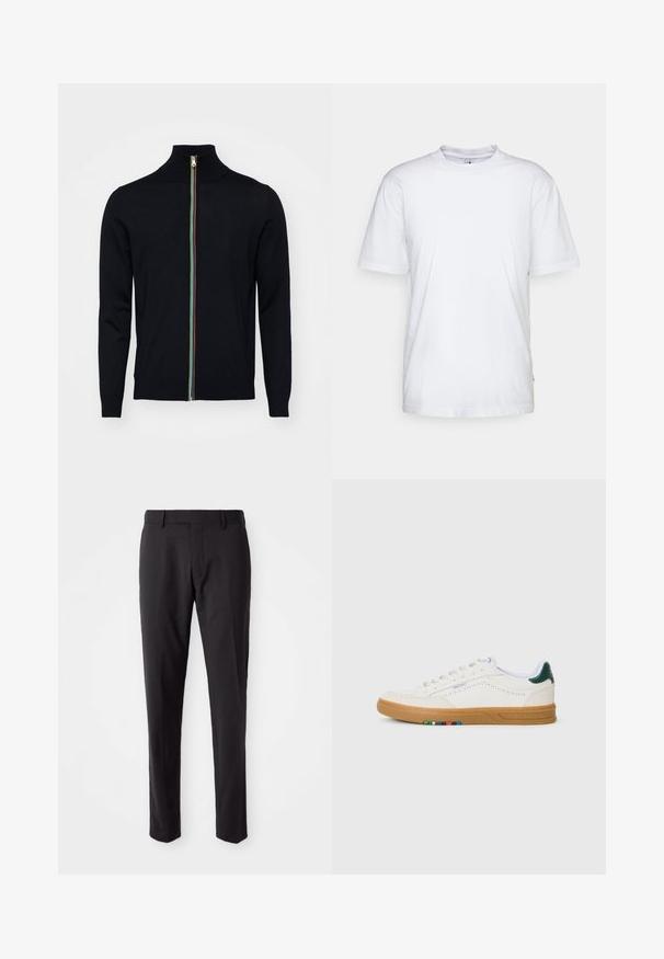 Paul Smith MEN CARDIGAN ZIP - Vest - black; Witte katoenen t-shirt met een ronde hals, korte mouwen en een rechte zoom. Heeft een klein merktag aan de linkerkant van de zijnaad.; Zwarte op maat gemaakte broeken met een platte voorkant, slim fit, riemlussen en een soepele textuur. Geschikt voor formele of zakelijke kleding.; Witte leren sneaker met geperforeerd ontwerp, gumrubberen zool, groene hielaccent en kleurrijke streepdetails aan de zijkant.