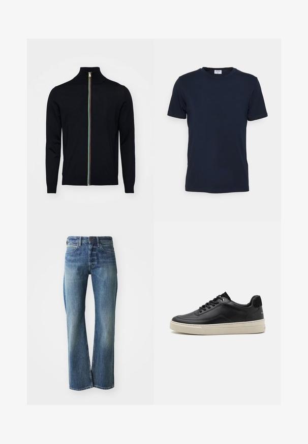 Paul Smith MEN CARDIGAN ZIP - Neuletakki - black; Merinäytti sininen crew-neck t-paita, joka on valmistettu pehmeästä kankaasta. Lyhyet hihat ja klassinen istuvuus, jossa on etiketti kauluksessa. Sujuva rakenne, minimaalinen muotoilu.; Farkut denim, jotka tarjoavat vaalean tai keskipitkä sinisen värin, suoran lahkeen leikkauksen, klassisen viisi-taskun muotoilun ja hillittyä haalistumista etupuolella.; Musta nahkakengät matalalla profiililla, jossa on kerma värinen kumipohja, pyöreä varvas ja nauhakiinnitys, korostettuna mustalla mokkanahkakengän kantapäällä.