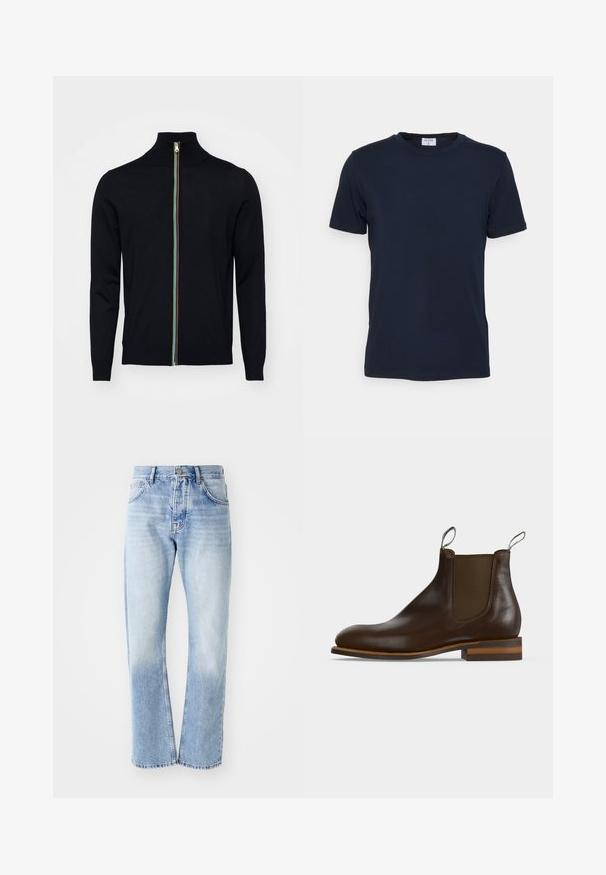 Paul Smith MEN CARDIGAN ZIP - Neuletakki - black; Merinäytti sininen crew-neck t-paita, joka on valmistettu pehmeästä kankaasta. Lyhyet hihat ja klassinen istuvuus, jossa on etiketti kauluksessa. Sujuva rakenne, minimaalinen muotoilu.; Vaanit vaaleansinisistä farkuista, joissa on suora lahje. Varustettu viiden taskun suunnittelulla, nappisuljenta ja haalistunut pinta alareunassa.; Tummanruskea nahkainen Chelsea-nilkkuri joustavalla sivupaneelilla, vetokahvoilla edessä ja takana, matalalla pinotulla korolla ja pyöreällä kärjellä.