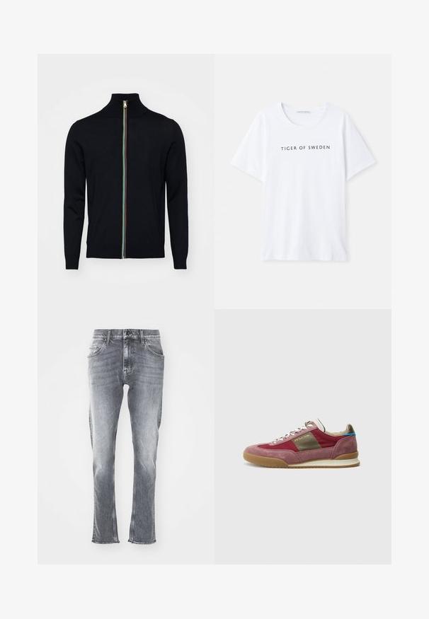 Paul Smith MEN CARDIGAN ZIP - Cardigan - black; Hvid t-shirt med rund halsudskæring og korte ærmer. Sort tekst står der "TIGER OF SWEDEN" centreret på fronten. Glat stofstruktur.; Grå denimjeans med slim fit, rå kant og fem lommer. Har en klassisk knap- og lynlåslukning. Blød tekstur med falmet vask.; Sneaker med en overdel i bordeaux ruskind og stof, beige accenter og en sål i gummi i kulør; har metalliske huller til snørebånd og snørebånd.