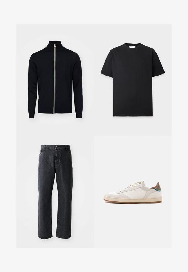 Paul Smith MEN CARDIGAN ZIP - Ζακέτα - black; Απλή μαύρη κοντομάνικη μπλούζα με στρογγυλή λαιμόκοψη και μικρή λευκή ετικέτα μέσα στο γιακά σε ανοιχτό γκρι φόντο.; Μαύρα τζιν παντελόνια με ίσια γραμμή, με κλείσιμο κουμπί, πέντε τσέπες και διακριτή υφή. Κλασικός σχεδιασμός χωρίς έντονα μοτίβα.; Λευκό χαμηλό αθλητικό παπούτσι με μπεζ σόλα, μπροστινό κορδόνι, πράσινη και μπλε λεπτομέρεια στη φτέρνα και διακριτικό χρυσό λογότυπο "Paul Smith" στο πλάι.