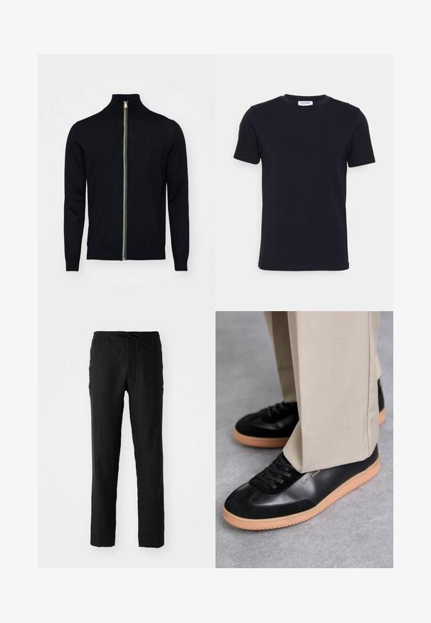 Paul Smith MEN CARDIGAN ZIP - Vest - black; Zwart T-shirt met korte mouwen en ronde hals, met een klein wit label aan de binnenkant van de halslijn.; Zwarte linnen broek met een elastische tailleband en trekkoord. Rechtaflopende pasvorm en een soepele textuur. Geschikt voor casual kleding.; Paul Smith COMO - Sneakers laag - black