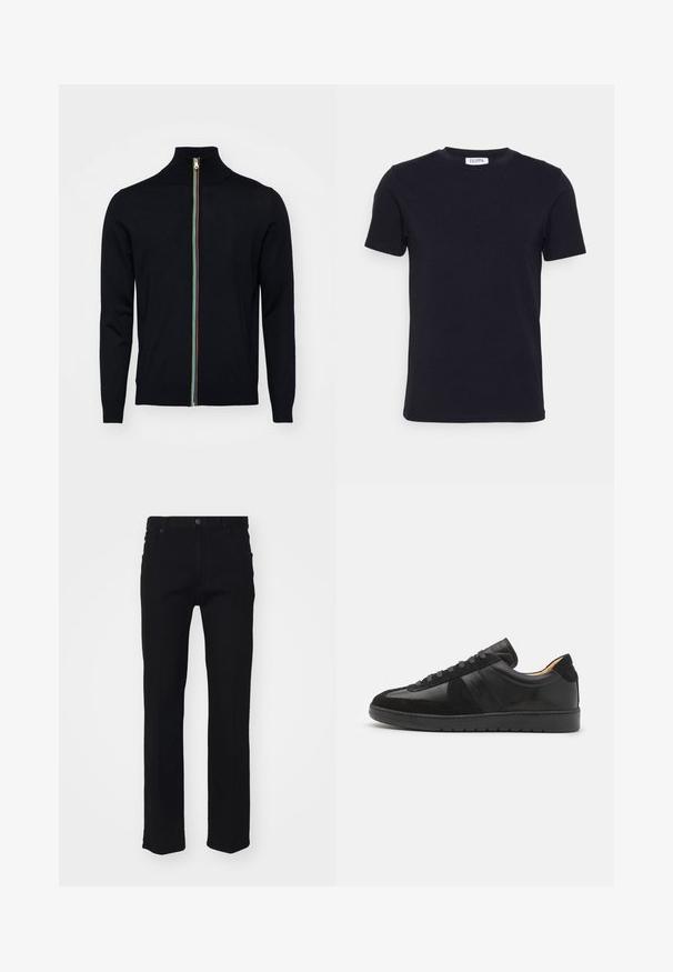 Paul Smith MEN CARDIGAN ZIP - Kardigán - black; Čierne tričko s krátkym rukávom a okrúhlym výstrihom, s malou bielou etikettou na vnútornej strane výstrihu.; Čierne denimové džínsy so strihom s rovnými nohavicami, piatimi vreckami, predným zapínaním na gombík a jemnými detailmi pri šití. Hladká textúra.; Tiger of Sweden BELLICU - Tenisky - black