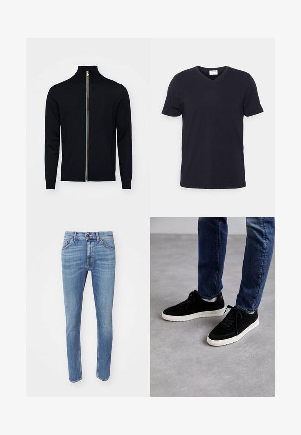 Paul Smith MEN CARDIGAN ZIP - Chaqueta de punto - black; Camiseta negra de cuello en V hecha de algodón, con mangas cortas y un corte relajado. Diseño sencillo, sin patrones ni acentos adicionales.; Jeans de mezclilla azul con un corte ajustado, diseño de cinco bolsillos y detalles de desgaste sutil. Cuenta con un cierre de botón y costuras en contraste.; Zapatillas de ante negras con suela de goma blanca, que presentan un diseño clásico de corte bajo, puntera redondeada y cordones planos negros.