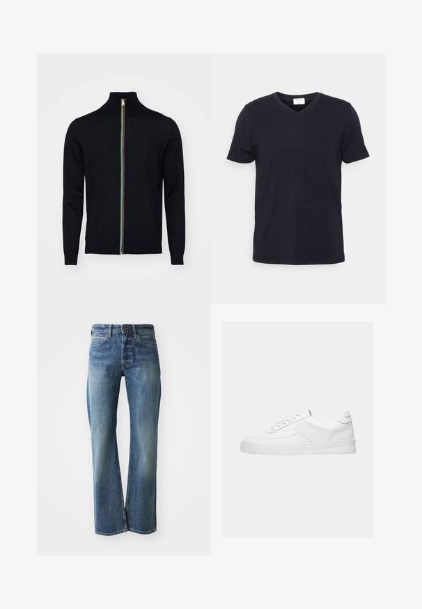 Paul Smith MEN CARDIGAN ZIP - Vest - black; Zwarte v-hals t-shirt van katoen, met korte mouwen en een ontspannen pasvorm. Eenvoudig ontwerp, geen patronen of extra accenten.; Denim jeans in een licht tot gemiddeld blauwe kleur, met een recht gesneden pijp, klassiek vijf-pocket ontwerp en subtiele vervaging aan de voorkant.; Witte lage sneaker met vetersluiting, glad leren bovenwerk en dikke zool, gezien vanuit de zijkant tegen een effen achtergrond.
