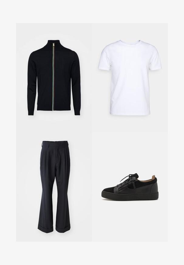 Paul Smith MEN CARDIGAN ZIP - Strickjacke - black; Weißes T-Shirt mit kurzen Ärmeln aus Baumwollstoff und rundem Halsausschnitt. Schlichtes Design ohne Muster oder Akzente. Glatte Textur.; Schwarze, maßgeschneiderte Hosen mit lockerer Passform, gefaltetem Vorderteil und weitem Bein. Mit einem umgeschlagenen Saum und glattem Stoffgefühl.; Giuseppe Zanotti DOUBLE ZIP - Sneaker low - black