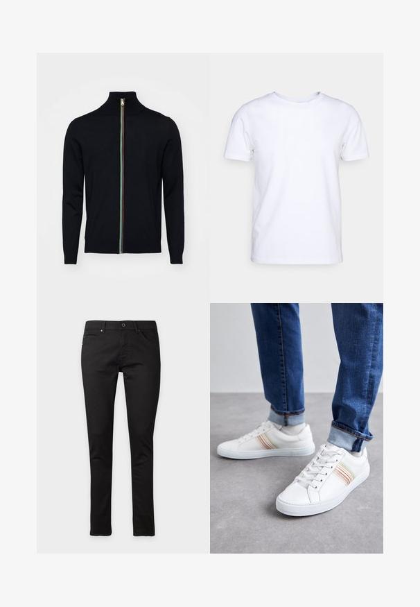 Paul Smith MEN CARDIGAN ZIP - Kardigán - black; Biela kratkosrstá bavlnená tričko s okrúhlym výstrihom. Jednoduchý dizajn bez vzorov alebo akcentov. Hladká textúra.; Čierne slim fit džínsy so zapínaním na gombík a zips, predné a zadné vrecká, zobrazené natiahnuté na bielom pozadí.; Biele kožené tenisky s viacfarebnými prúžkami, šnurovací dizajn, gumená podrážka a polstrovaný golier, skombinované s modrými džínami.