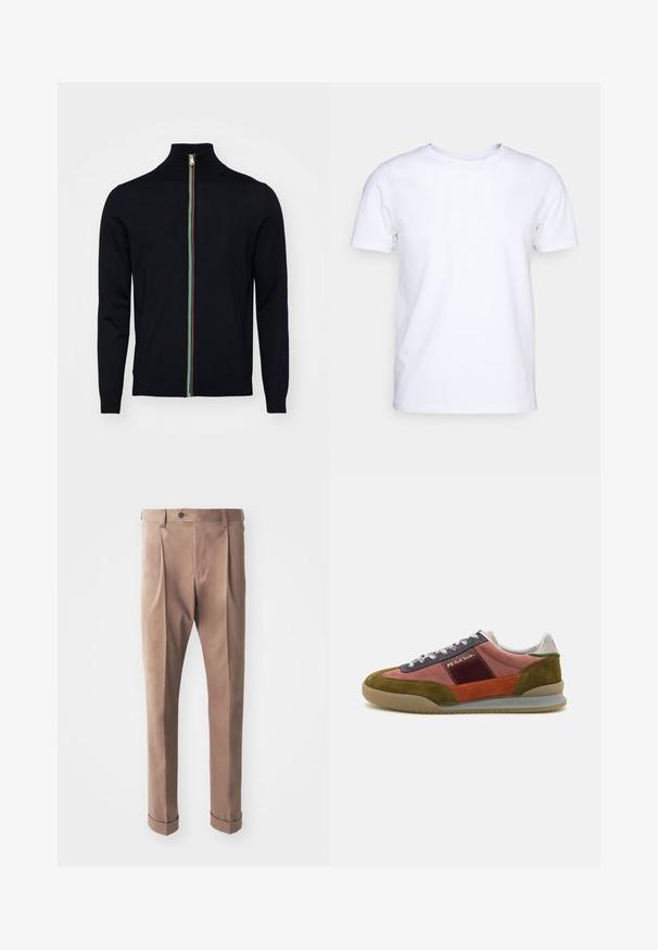 Paul Smith MEN CARDIGAN ZIP - Vest - black; Witte katoenen t-shirt met korte mouwen en een ronde hals. Eenvoudig ontwerp zonder patronen of accenten. Glad textuur.; Khakibroek gemaakt van textuurstof, met een hoge taille, plooien en opgerolde manchetten, met een enkele knoopsluiting bij de tailleband.; PS Paul Smith DOVER - Sneakers laag - pink