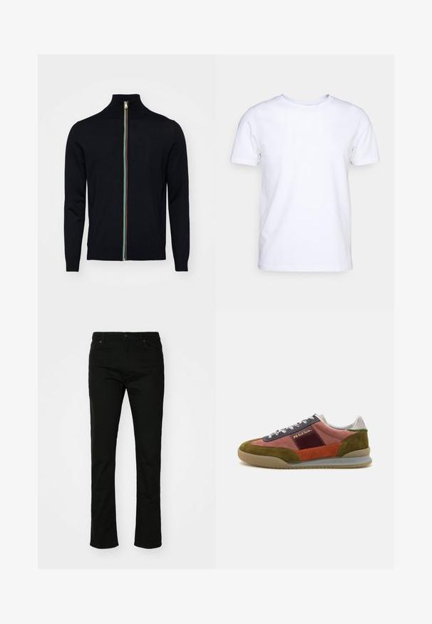 Paul Smith MEN CARDIGAN ZIP - Kardigán - black; Biela kratkosrstá bavlnená tričko s okrúhlym výstrihom. Jednoduchý dizajn bez vzorov alebo akcentov. Hladká textúra.; Čierne džínsové nohavice so strihom rovného nohavice, štýlovaním s piatimi vreckami a zapínaním na gombík. Hladký materiál s jemnými švovými detailmi.; PS Paul Smith DOVER - Tenisky - pink