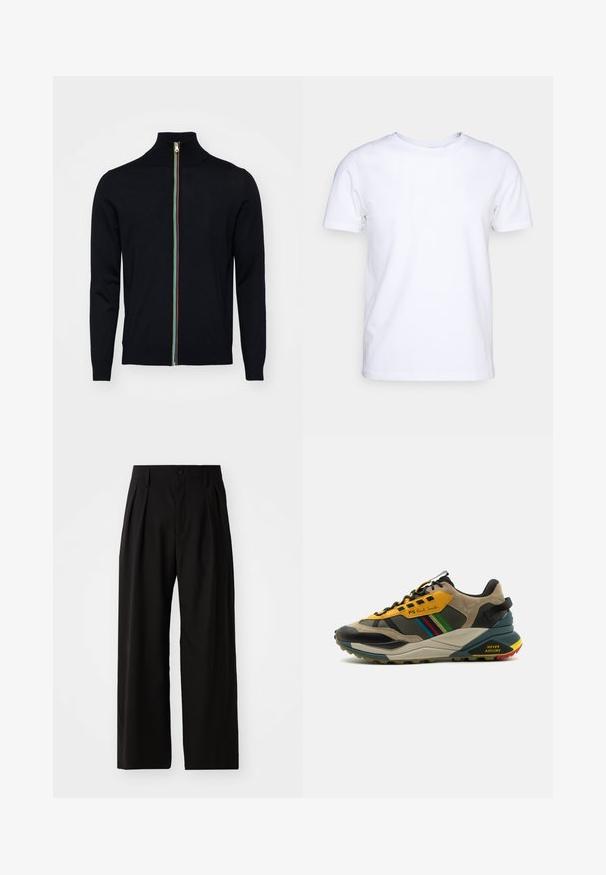 Paul Smith MEN CARDIGAN ZIP - Gilet - black; T-shirt blanc à manches courtes en tissu de coton avec un col rond. Design simple sans motifs ni accents. Texture lisse.; Pantalons larges noirs avec une texture lisse, dotés de deux plis avant, d'une fermeture à bouton et de poches latérales. Tissu durable.; Baskets multicolores à mélange de matériaux en daim et en mesh, avec un schéma de couleurs jaune et noir, des semelles texturées et des accents latéraux.