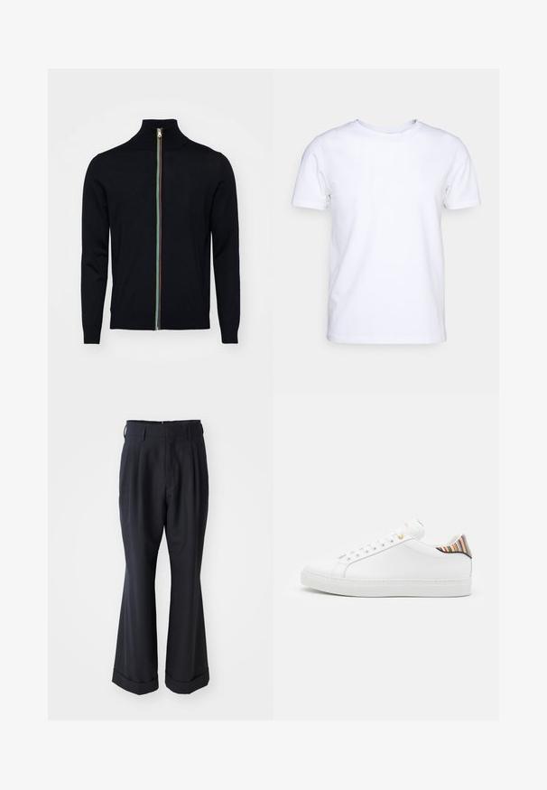 Paul Smith MEN CARDIGAN ZIP - Gilet - black; T-shirt blanc à manches courtes en tissu de coton avec un col rond. Design simple sans motifs ni accents. Texture lisse.; Pantalons noirs ajustés avec une coupe décontractée, devant plissé et jambes larges. Caractéristiques d'un ourlet à retournement et d'une texture de tissu lisse.; Baskets en cuir blanc avec une finition lisse, présentant un accent rayé coloré au niveau du talon, des œillets dorés et une semelle blanche plate.
