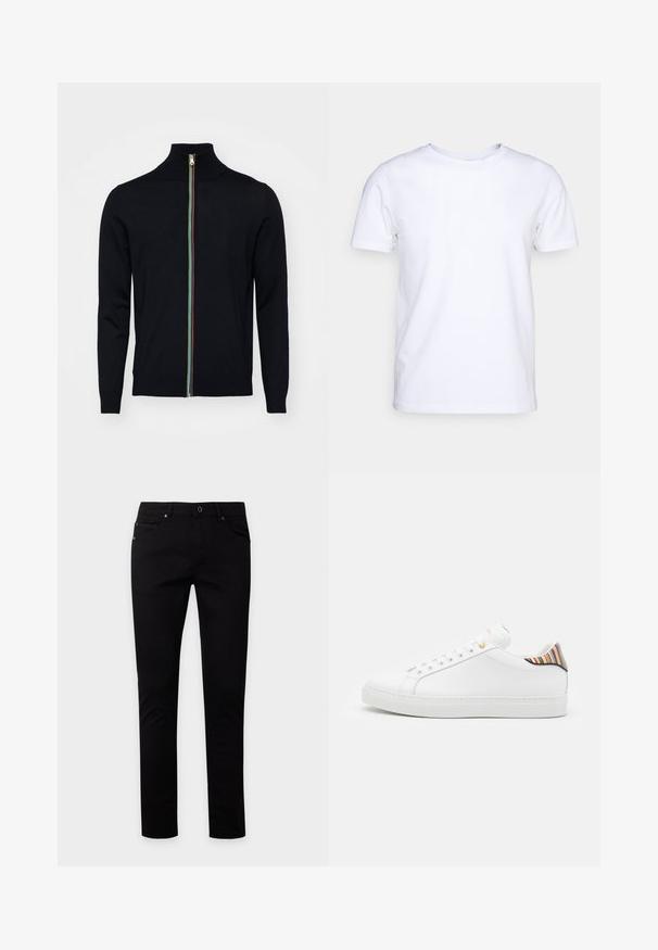 Paul Smith MEN CARDIGAN ZIP - Kardigán - black; Biela kratkosrstá bavlnená tričko s okrúhlym výstrihom. Jednoduchý dizajn bez vzorov alebo akcentov. Hladká textúra.; Čierne slim-fit džínsy s zapínaním na gombíky a zips, predné a zadné vrecká, zobrazené na jednoduchom svetlom pozadí.; Biele kožené tenisky s hladkým povrchom, zdobené farebným pruhovaným akcentom na päte, zlatým očkom a plochou bielou podrážkou.