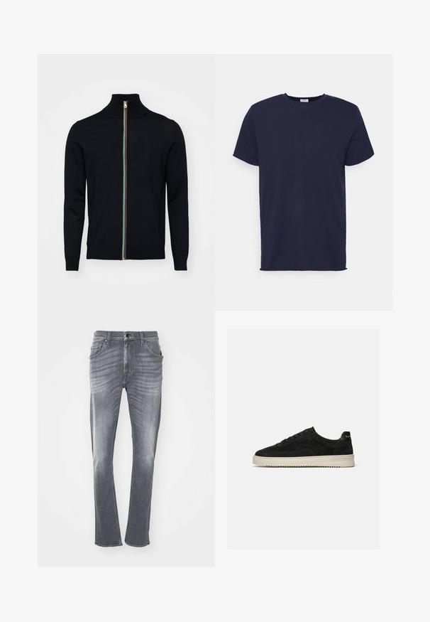 Paul Smith MEN CARDIGAN ZIP - Kardigán - black; Námornícky modrá tričko krátky rukáv vyrobené z jemnej tkaniny. Obsahuje okrúhly výstrih a priame strih bez vzorov alebo akcentov.; Sivé denimové džínsy so rovný strihom, s vyblednutou textúrou, piatimi vreckami a pútkami na opasok. Šitý lem a klasické zapínanie na gombík.; Čierna semišová nízka teniska s čiernymi šnúrkami a bielou gumovou podrážkou, bočný pohľad na jednotnom svetlosivom pozadí.