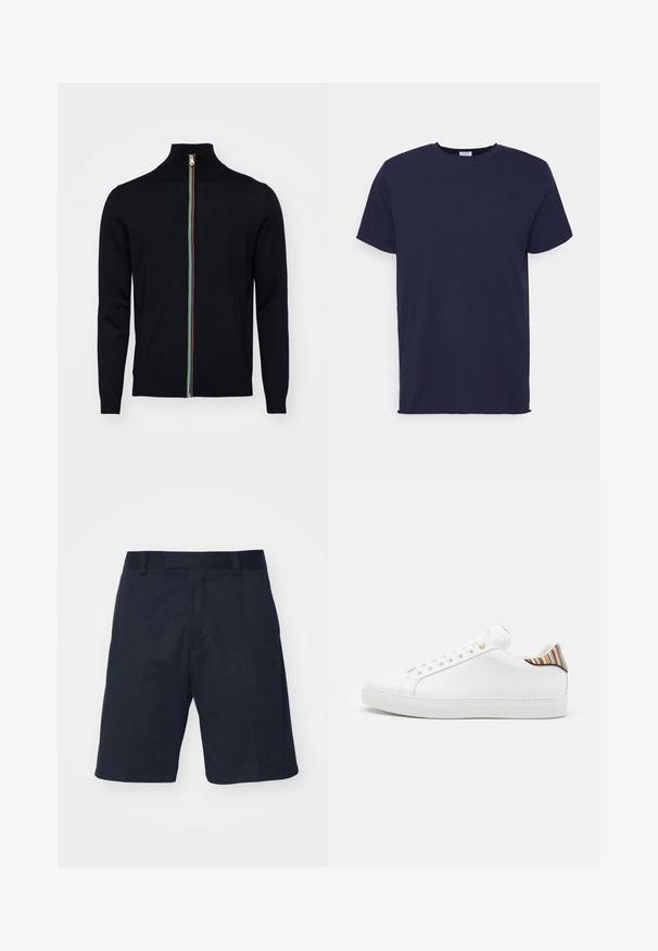 Paul Smith MEN CARDIGAN ZIP - Kardigan - black; Tumedat sinine lühikeste varrukatega t-särk, mis on valmistatud pehmest kangast. Omab ümarat kaelust ja sirget lõiget, ilma mustrite või aktsentideta.; Mustad mustad, mis on valmistatud siledast kangast, tasase esiosa ja vööloopidega, põlvepikkuse disainiga, kus pole nähtavaid mustreid ega riistvara.; Valge nahkne toss, millel on sile viimistlus, värviline triibuline aktsent kandadel, kuldne aasa ja lame valge tallaga.