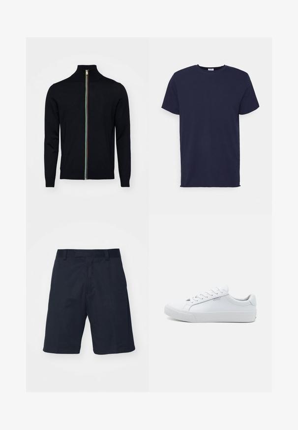Paul Smith MEN CARDIGAN ZIP - Cardigan - black; Marineblå kortærmet t-shirt lavet af blødt stof. Har rund halsudskæring og en lige pasform uden mønstre eller accenter.; Sorte shorts lavet af et glat stof, med flad front, bæltestropper og knælangt design uden synlige mønstre eller hardware.; Hvide lædersneakers med en glat overflade, lavt design, rund tå og flad gummisål. Udstyret med flade snørebånd og minimal branding.