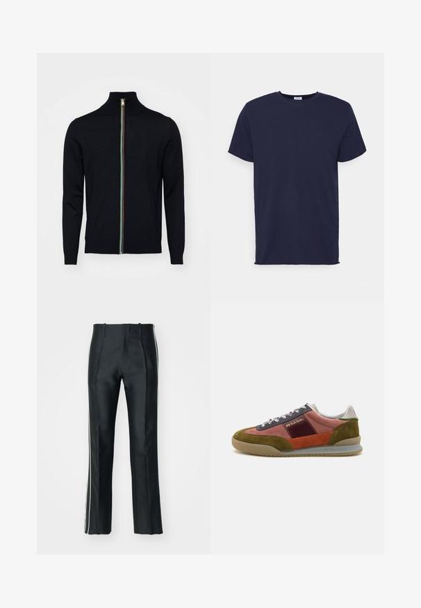 Paul Smith MEN CARDIGAN ZIP - Cardigan - black; Marineblå kortærmet t-shirt lavet af blødt stof. Har rund halsudskæring og en lige pasform uden mønstre eller accenter.; Sorte satinbukser med en skræddersyet pasform, der har hvide sidelister. Designet med en udvidet benvidde og frontfolder for ekstra detalje.; PS Paul Smith DOVER - Sneakers - pink