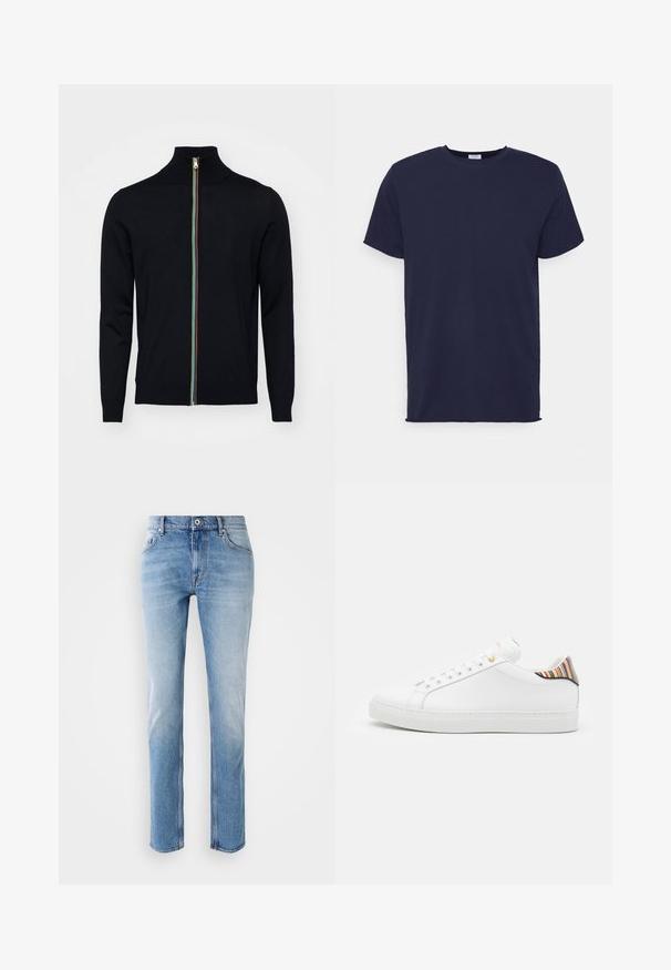 Paul Smith MEN CARDIGAN ZIP - Kardigán - black; Námornícky modrá tričko krátky rukáv vyrobené z jemnej tkaniny. Obsahuje okrúhly výstrih a priame strih bez vzorov alebo akcentov.; Svetlomodré džíny z denimu so strihom rovného nohu, s klasickým usporiadaním piatich vreciek a striebornými kovovými doplnkami na pásku.; Biele kožené tenisky s hladkým povrchom, zdobené farebným pruhovaným akcentom na päte, zlatým očkom a plochou bielou podrážkou.