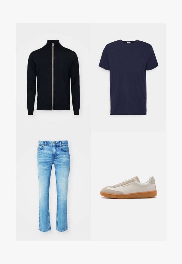 Paul Smith MEN CARDIGAN ZIP - Strickjacke - black; Marineblaues T-Shirt mit kurzen Ärmeln aus weichem Stoff. Es hat einen Rundhalsausschnitt und einen geraden Schnitt ohne Muster oder Akzente.; Blaue Jeans aus Denim mit einem ausgewaschenen Look, geradem Bein und rohem Saum. Verfügt über einen Fünf-Taschen-Stil und Metallknopf-Details.; Weiße und beigefarbene Low-Top-Sneaker mit Gummisohle, weißen Schnürsenkeln, Wildleder-Details und goldenem "Paul Smith"-Logo an der Seite.