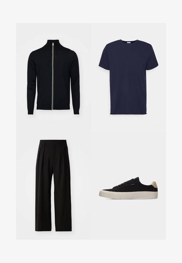 Paul Smith MEN CARDIGAN ZIP - Cardigan - black; Mørkeblå kortermet t-skjorte laget av mykt stoff. Den har rund hals og rett snitt uten mønstre eller detaljer.; Svart brede bukser med en glatt tekstur, med to frontfolder, en knappelukking og sidelommer. Slitesterk stoff.; Svart lavt sneakers med beige hælfeste, hvit tykk gummisåle, svarte lisser og liten "PS Paul Smith"-etikett på siden.