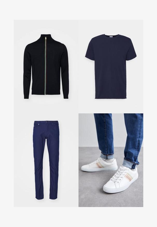 Paul Smith MEN CARDIGAN ZIP - Kardigán - black; Námornícky modrá tričko krátky rukáv vyrobené z jemnej tkaniny. Obsahuje okrúhly výstrih a priame strih bez vzorov alebo akcentov.; Námořnické modré slim-fit džíny vyrobené z denimu, s knoflíkovým zapínáním, pěti kapsami a jemnou texturou s hladkým povrchem.; Biele kožené tenisky s viacfarebnými prúžkami, šnurovací dizajn, gumená podrážka a polstrovaný golier, skombinované s modrými džínami.