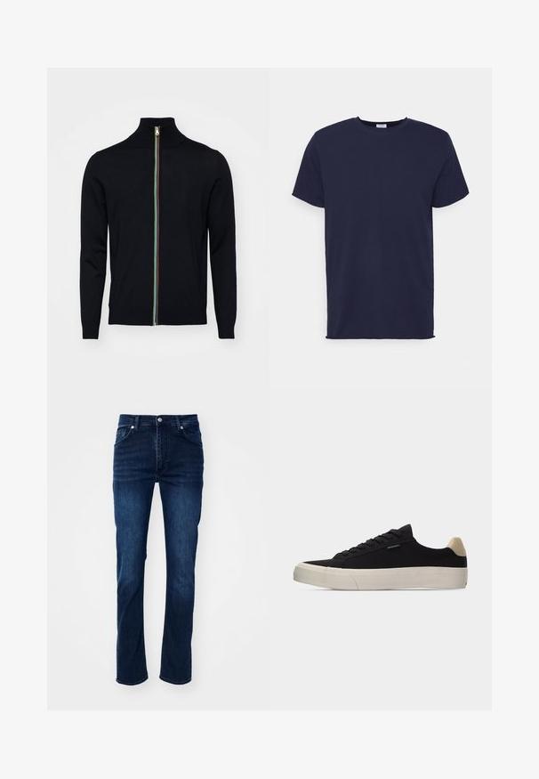 Paul Smith MEN CARDIGAN ZIP - Strickjacke - black; Marineblaues T-Shirt mit kurzen Ärmeln aus weichem Stoff. Es hat einen Rundhalsausschnitt und einen geraden Schnitt ohne Muster oder Akzente.; Dunkelblaue Jeans aus Denim im geraden Schnitt, mit einem klassischen Fünf-Taschen-Design und dezenten Nähdetails.; Schwarzer Low-Top-Sneaker mit beigem Fersenlasche, weißer dicker Gummisohle, schwarzen Schnürsenkeln und kleinem "PS Paul Smith"-Label an der Seite.