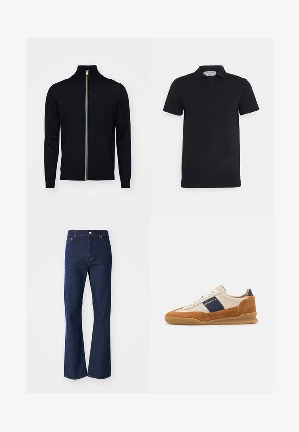 Paul Smith MEN CARDIGAN ZIP - Strickjacke - black; Schwarzes kurzärmliges Polohemd mit klassischem Kragen, aus glattem Material. Verfügt über ein Etikett mit dem Markennamen 'Filippa K' am Kragen.; Dunkelblaue Jeans mit ausgestelltem Schnitt aus Denim. Verfügt über fünf Taschen, einen Reißverschluss vorne und einen Metallknopfverschluss. Klassische Nähte setzen Akzente.; PS Paul Smith DOVER - Sneaker low - cognac/off-white