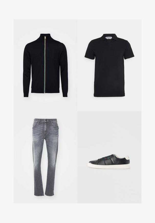 Paul Smith MEN CARDIGAN ZIP - Kardigan - black; Mustal lühikeste varrukatega polo särk klassikalise kraega, valmistatud siledast kangast. Kaeluses on sildi näol brändinimi 'Filippa K'.; Hallid teksad otse lõikega, millel on kuivanud tekstuur, viis taskut ja vöökohad. Õmmeldud serv ja klassikaline nööbiga sulgus.; Mustast nahast tennisking valge kummist tallaga. Omab pael-sulgemist, värvikat triibutud aksenti ja brändilogot küljes.