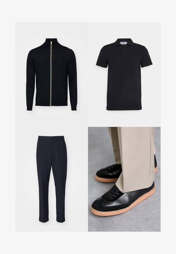 Paul Smith MEN CARDIGAN ZIP - Gilet - black; Polo noir à manches courtes avec un col classique, fabriqué en tissu lisse. Présente une étiquette avec le nom de la marque 'Filippa K' au niveau de l'encolure.; Pantalons bleu marine avec une texture lisse, une taille élastique et une coupe fuselée. Ne comporte ni poches visibles ni embellissements.; Paul Smith COMO - Baskets basses - black