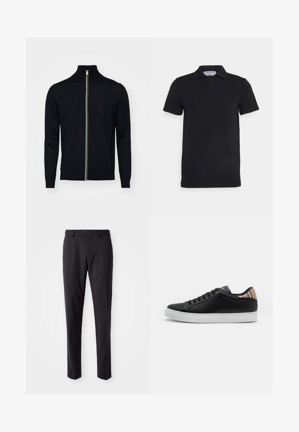 Paul Smith MEN CARDIGAN ZIP - Vest - black; Zwart polosjaal met korte mouwen en een klassieke kraag, gemaakt van gladde stof. Heeft een label met de merknaam 'Filippa K' op de hals.; Zwarte op maat gemaakte broeken met een platte voorkant, slim fit, riemlussen en een soepele textuur. Geschikt voor formele of zakelijke kleding.; Zwarte leren sneaker met een witte rubberen zool, voorzien van een gestreepte multicolor accent aan de hiel en een zwarte vetersluiting met gouden oogjes.