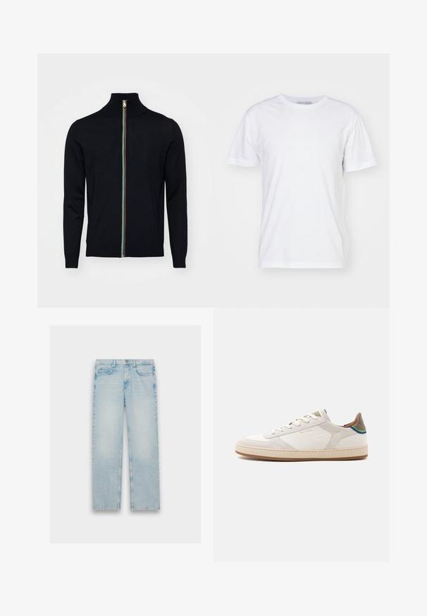 Paul Smith MEN CARDIGAN ZIP - Vest - black; Witte katoenen T-shirt met een ronde hals, korte mouwen en een rechte snit. Geen patronen of versieringen, gladde textuur en eenvoudig ontwerp.; Lichtblauwe denim jeans met een recht model, vijf zakken en een vervaagde afwerking. Metaalbeslag en gestikte details zijn zichtbaar.; Witte lage sneaker met beige zool, veters aan de voorkant, groene en blauwe detail op de hiel en subtiel gouden "Paul Smith" logo aan de zijkant.