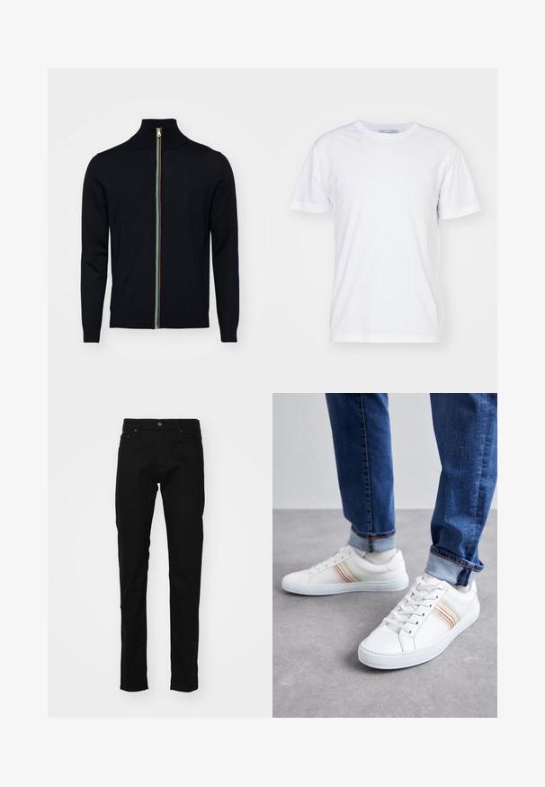 Paul Smith MEN CARDIGAN ZIP - Cardigan - black; Hvid bomulds t-shirt med rund halsudskæring, korte ærmer og lige snit. Ingen mønstre eller udsmykninger, glat tekstur og enkel design.; Sorte denim jeans med slim fit, der har et klassisk fem-lomme design, metalknap og syede detaljer på lommerne.; Hvide lædersneakers med multicolore striber, snørebåndsdesign, gummisål og polstret krave, parret med blå denimjeans.