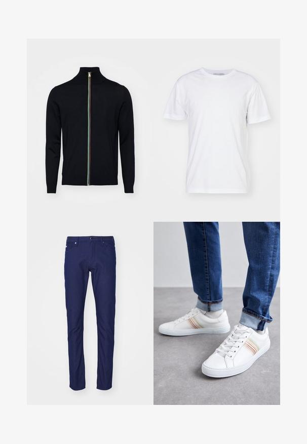 Paul Smith MEN CARDIGAN ZIP - Kardigan - black; Valge puuvillane T-särk ümarate kaelustega, lühikeste varrukatega ja sirge lõikega. Ilma mustrite või kaunistusteta, sile tekstuur ja lihtne disain.; Tumesinine kitsas sobivus denimist teksapüksid, millel on nööbiväline sulgemine, viie tasku disain ja õrn tekstuur koos sujuva viimistlusega.; Valged nahast spordijalatsid mitmevärviliste triipudega, nööriga disain, kummist talla ja pehmendusega krae, kombineeritud siniste teksadega.