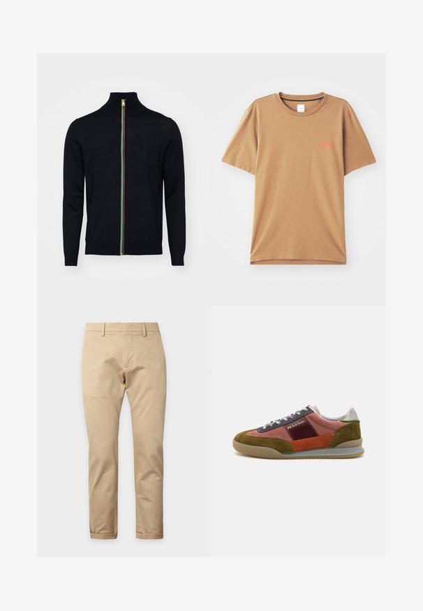 Paul Smith MEN CARDIGAN ZIP - Cardigan - black; Brun T-shirt med korte ærmer lavet af bomuld, med rund halsudskæring, prydet med lille orange tekst på brystet og en afslappet pasform.; Beige bukser med lige ben, bæltestropper, lynlås foran og opsmøgede kanter på en ensartet lys baggrund.; PS Paul Smith DOVER - Sneakers - pink