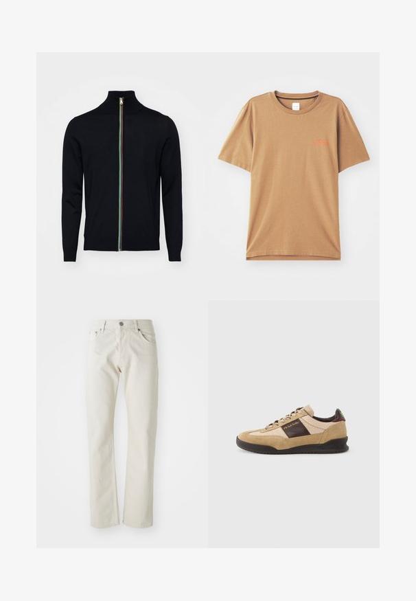 Paul Smith MEN CARDIGAN ZIP - Strickjacke - black; Braunes T-Shirt mit kurzen Ärmeln aus Baumwolle, runder Ausschnitt, mit kleinem orangefarbenem Text auf der Brust und einer lockeren Passform.; Helle beige Jeans aus Baumwolle mit geradem Bein, fünf Taschen und silbernem Metallknopfverschluss.; Beige Wildleder-Sneaker mit einer strukturierten braunen Partie, kontrastierendem braunem Fersenbereich und mehrfarbigen Schnürsenkeln. Verfügt über eine schwarze Gummisohle und goldene Markenkennzeichnung.