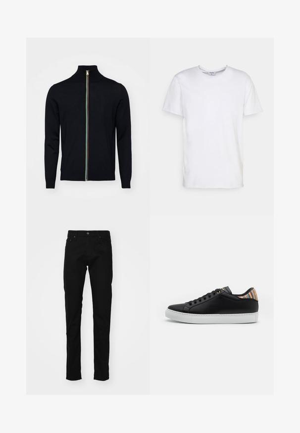 Paul Smith MEN CARDIGAN ZIP - Strickjacke - black; Weißes T-Shirt mit kurzen Ärmeln aus Baumwolle. Es hat einen runden Halsausschnitt und eine lockere Passform ohne sichtbare Muster oder Akzente.; Schwarze Denim-Jeans im Slim-Fit mit einem klassischen Fünf-Taschen-Design, Metallknopf und genähten Details an den Taschen.; Schwarze Leder-Sneaker mit einer weißen Gummisohle, versehen mit einem gestreiften, mehrfarbigen Akzent an der Ferse und einem schwarzen Schnürverschluss mit goldenen Ösen.